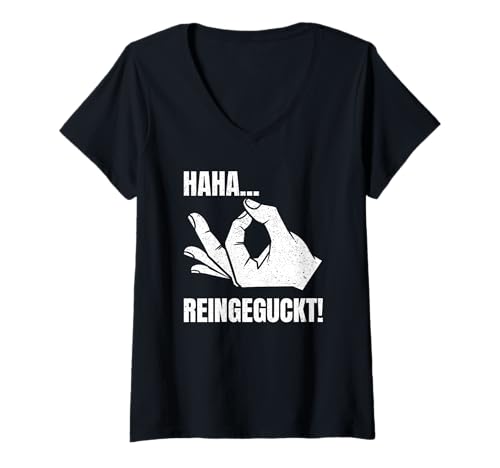 Damen Haha Reingeguckt Reingeschaut Handzeichen Lustig Retro T-Shirt mit V-Ausschnitt Damen Haha Reingeguckt Reingeschaut Handzeichen Lustig Retro T-Shirt mit V-Ausschnitt von Humorvoll Lustig Retro Designs