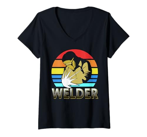 Damen Retro Schweißer Sonnenuntergang Handwerksstolz T-Shirt mit V-Ausschnitt Damen Retro Schweißer Sonnenuntergang Handwerksstolz T-Shirt mit V-Ausschnitt von Humorvolle Arbeitskleidung Für Schweißer