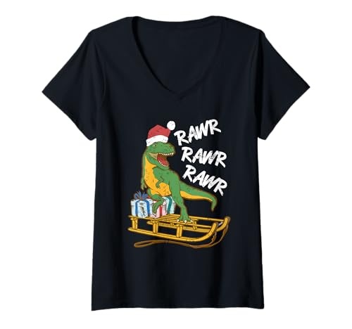 Damen Rawr Rawr Rawr Lustiger Weihnachts-Dino-Schlitten T-Shirt mit V-Ausschnitt Damen Rawr Rawr Rawr Lustiger Weihnachts-Dino-Schlitten T-Shirt mit V-Ausschnitt von Humorvolle Dinosaurier-Fahrt im Winter