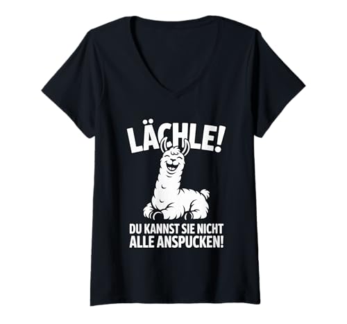 Damen Lächle Du Kannst Sie Nicht Alle Anspucken T-Shirt mit V-Ausschnitt von Humorvolle Lama Sprüche Entspannung
