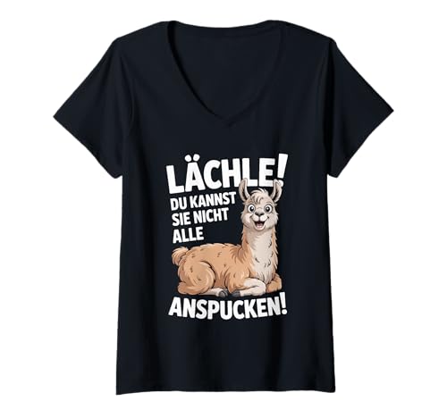 Damen Lächle Du Kannst Sie Nicht Alle Anspucken T-Shirt mit V-Ausschnitt von Humorvolle Lama Sprüche Entspannung