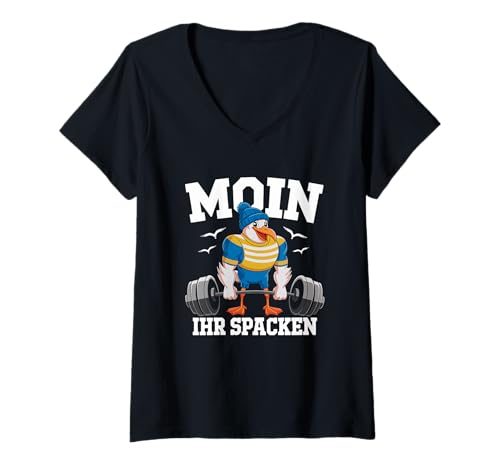 Damen Moin Möwe Ostsee Nordsee Wightlifting Humor T-Shirt mit V-Ausschnitt Damen Moin Möwe Ostsee Nordsee Wightlifting Humor T-Shirt mit V-Ausschnitt von Humorvolle Möwen -Gewichtheberbekleidung