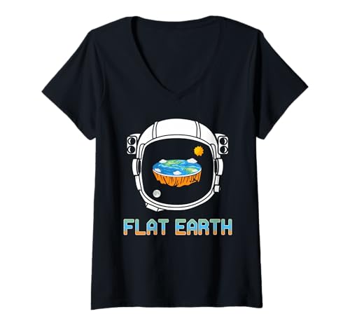 Damen Flache Erde im Helm Satire Weltraum Verschwörung T-Shirt mit V-Ausschnitt von Humorvolle Sci-Fi Freunde und Meme Nerds