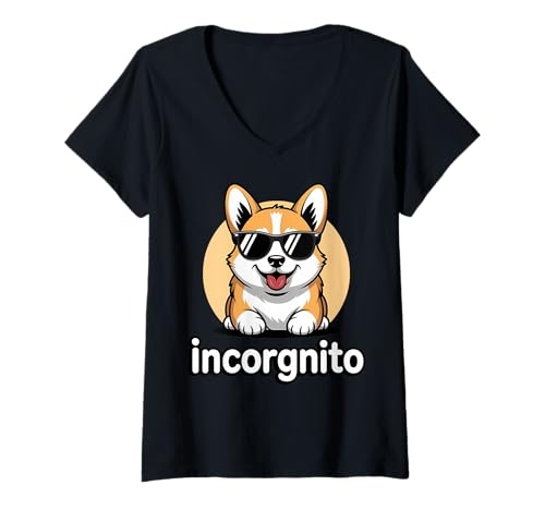 Damen Cool Corgi Incorgnto Lustig Hundeliebhaber Wortspiel T-Shirt mit V-Ausschnitt von Humorvolle coole Haustier -Corgi -Geschenke und