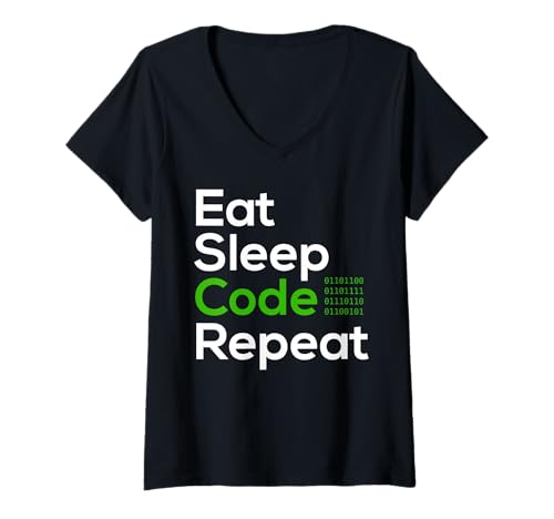 Damen Essen Schlafen Coden Binär Programmierer Technik T-Shirt mit V-Ausschnitt Damen Essen Schlafen Coden Binär Programmierer Technik T-Shirt mit V-Ausschnitt von Humorvoller Alltag für Entwickler und Nerds