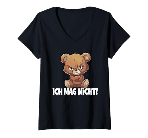 Damen Ich Mag Nicht Grumpy Bär T-Shirt mit V-Ausschnitt Damen Ich Mag Nicht Grumpy Bär T-Shirt mit V-Ausschnitt von Humorvoller Bärengrafik Bär Bächen Witzig