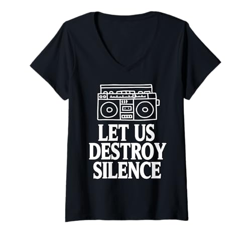 Damen Zerstören wir die Stille Musik Humor Style T-Shirt mit V-Ausschnitt Damen Zerstören wir die Stille Musik Humor Style T-Shirt mit V-Ausschnitt von Humorvoller Bass Drop Vibe für Lautliebhaber