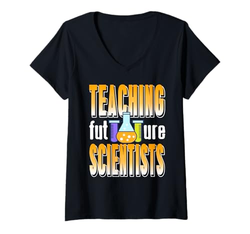 Damen Zukunfts-Wissenschaft lehren mit bunten Laborflaschen T-Shirt mit V-Ausschnitt Damen Zukunfts-Wissenschaft lehren mit bunten Laborflaschen T-Shirt mit V-Ausschnitt von Humorvoller Laborstil für Lehrer