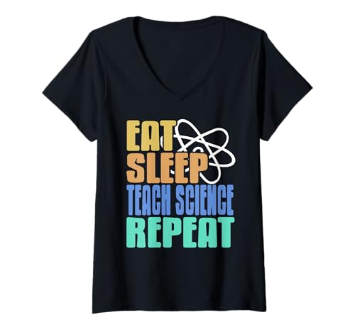Damen Essen Schlafen Wissenschaft Lehren Wiederholen Lustig T-Shirt mit V-Ausschnitt von Humorvoller Lehreralltag für Naturwissenschaftler