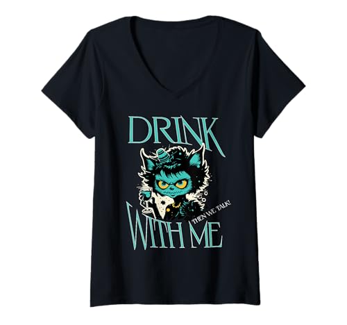 Damen Trink mit Mir Lustiger Monster-Kater mit Drink T-Shirt mit V-Ausschnitt Damen Trink mit Mir Lustiger Monster-Kater mit Drink T-Shirt mit V-Ausschnitt von Humorvoller Sarkasmus für Cocktailfans