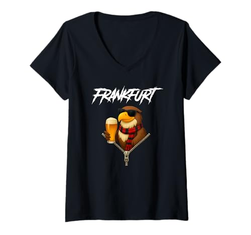 Damen Frankfurt Fan Outfit 2025 – Adler Motiv für Hessen Fans T-Shirt mit V-Ausschnitt von Humorvolles Fußball-Motiv – Fan Outfit für Hessen