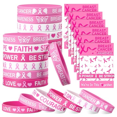 Humyoun 60 Stück/30 Sets Brustkrebs-Bewusstseins-Silikonarmbänder mit Karten enthalten 30 rosa Band-Armbänder, 30 Brustkrebs-Bewusstseinskarten für Frauen, Kampagnenunterstützung von Humyoun