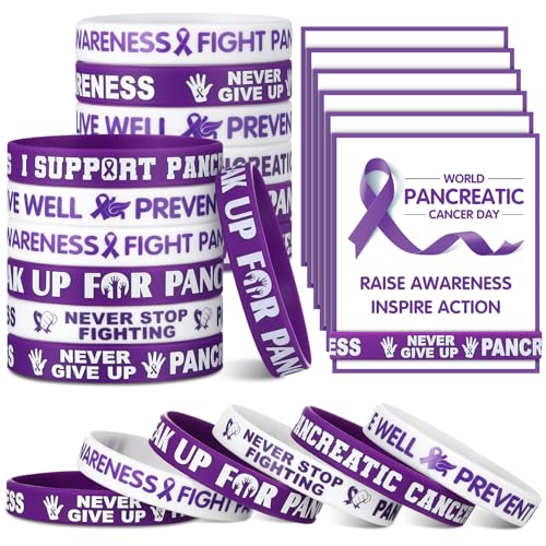 Humyoun Silikon-Armbänder mit Karten zum Bewusstsein für Bauchspeicheldrüsenkrebs, 60 Stück/30 Sets mit 30 violetten Bändern, 30 Karten zur Unterstützung des Bauchspeicheldrüsenbewusstseins für Männer von Humyoun