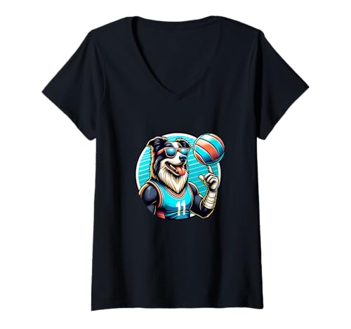 Damen Hund Mit Sonnenbrille Basketball T-Shirt mit V-Ausschnitt Damen Hund Mit Sonnenbrille Basketball T-Shirt mit V-Ausschnitt von Hund Basketball Sonnenbrille Sport Cool