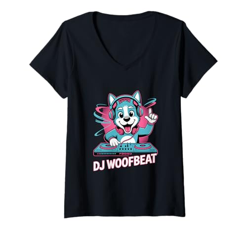 Damen DJ WOOFBEAT Husky Hund DJ Beats Party Musik T-Shirt mit V-Ausschnitt Damen DJ WOOFBEAT Husky Hund DJ Beats Party Musik T-Shirt mit V-Ausschnitt von Hund DJ Husky Party Musik Mischpult Kopfhörer
