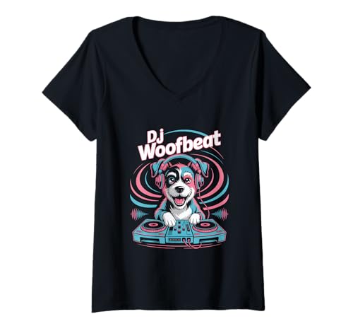 Damen DJ Woofbeat Hund DJ Mischpult Musik Party Rave T-Shirt mit V-Ausschnitt Damen DJ Woofbeat Hund DJ Mischpult Musik Party Rave T-Shirt mit V-Ausschnitt von Hund DJ Musik Party Club Festival Rave Beats