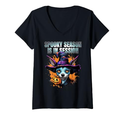 Damen Spukige Saison Lustiger Hexenhund Kostümfan T-Shirt mit V-Ausschnitt Damen Spukige Saison Lustiger Hexenhund Kostümfan T-Shirt mit V-Ausschnitt von Hund Hexenhut Kürbis Halloween Fan