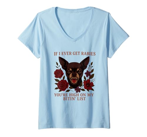 Damen Lustig Hund Tollwut Humor Beiß Liste Shirt T-Shirt mit V-Ausschnitt Damen Lustig Hund Tollwut Humor Beiß Liste Shirt T-Shirt mit V-Ausschnitt von Hund Lustig Tollwut Witz Beiß Liste Kleidung