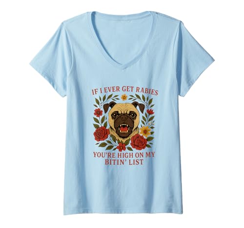 Damen Lustig Hund Tollwut Humor Beiß Liste Shirt T-Shirt mit V-Ausschnitt Damen Lustig Hund Tollwut Humor Beiß Liste Shirt T-Shirt mit V-Ausschnitt von Hund Lustig Tollwut Witz Beiß Liste Kleidung