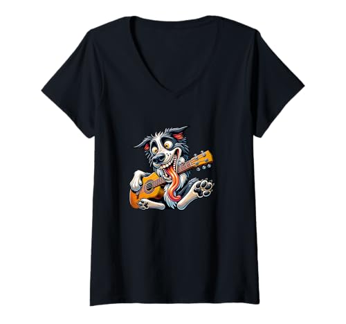 Damen Border Collie Hund Ukulele Lustig Musik Cartoon T-Shirt mit V-Ausschnitt Damen Border Collie Hund Ukulele Lustig Musik Cartoon T-Shirt mit V-Ausschnitt von Hund Musik Border Collie Ukulele Cartoon Lustig