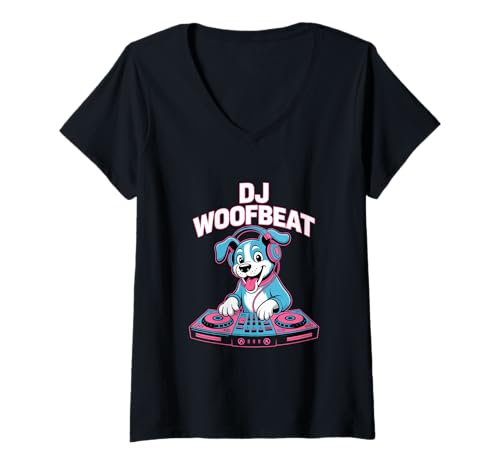 Damen DJ Woofbeat Hunde DJ Welpe Kopfhörer Turntables Party T-Shirt mit V-Ausschnitt Damen DJ Woofbeat Hunde DJ Welpe Kopfhörer Turntables Party T-Shirt mit V-Ausschnitt von Hund Musik DJ Club Party EDM Techno Cartoon