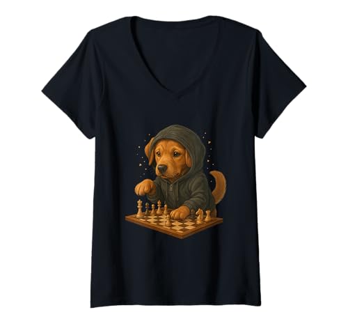 Damen Hund Schach Lustig Taktik Spiel Hundeliebhaber Shirt T-Shirt mit V-Ausschnitt von Hund Schach Strategie Humor Hundeliebhaber