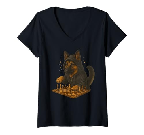 Damen Hund Schach Lustig Taktik Spiel Hundeliebhaber Shirt T-Shirt mit V-Ausschnitt von Hund Schach Strategie Humor Hundeliebhaber