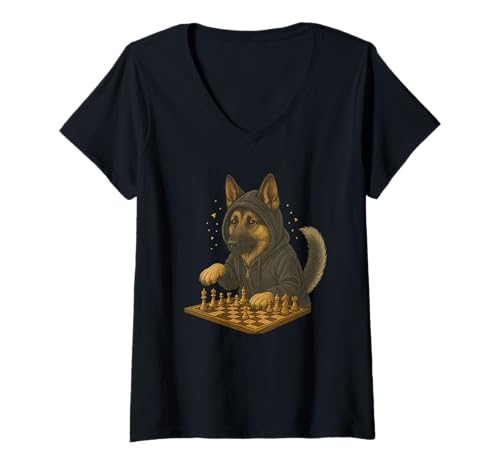 Damen Hund Schach Lustig Taktik Spiel Hundeliebhaber Shirt T-Shirt mit V-Ausschnitt von Hund Schach Strategie Humor Hundeliebhaber