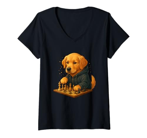 Damen Hund Schach Lustig Taktik Spiel Hundeliebhaber Shirt T-Shirt mit V-Ausschnitt von Hund Schach Strategie Humor Hundeliebhaber