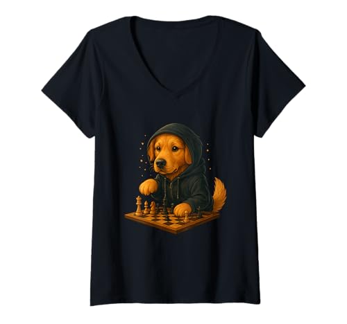 Damen Hund Schach Lustig Taktik Spiel Hundeliebhaber Shirt T-Shirt mit V-Ausschnitt von Hund Schach Strategie Humor Hundeliebhaber