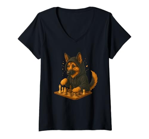 Damen Hund Schach Lustig Taktik Spiel Hundeliebhaber Shirt T-Shirt mit V-Ausschnitt von Hund Schach Strategie Humor Hundeliebhaber