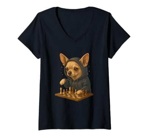 Damen Hund Schach Lustig Taktik Spiel Hundeliebhaber Shirt T-Shirt mit V-Ausschnitt von Hund Schach Strategie Humor Hundeliebhaber