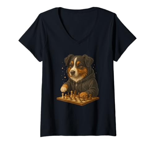 Damen Hund Schach Lustig Taktik Spiel Hundeliebhaber Shirt T-Shirt mit V-Ausschnitt von Hund Schach Strategie Humor Hundeliebhaber
