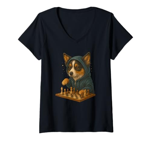 Damen Hund Schach Lustig Taktik Spiel Hundeliebhaber Shirt T-Shirt mit V-Ausschnitt von Hund Schach Strategie Humor Hundeliebhaber