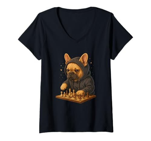 Damen Hund Schach Lustig Taktik Spiel Hundeliebhaber Shirt T-Shirt mit V-Ausschnitt von Hund Schach Strategie Humor Hundeliebhaber