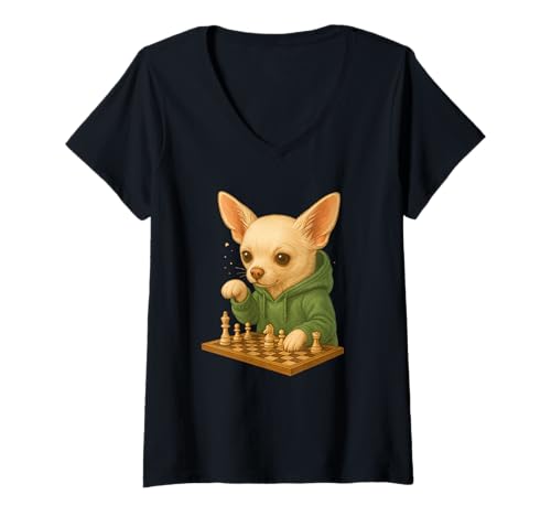 Damen Hund Schach Lustig Taktik Spiel Hundeliebhaber Shirt T-Shirt mit V-Ausschnitt von Hund Schach Strategie Humor Hundeliebhaber