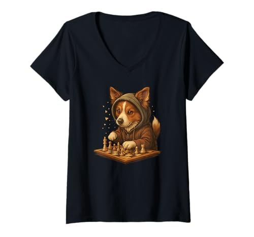 Damen Hund Schach Lustig Taktik Spiel Hundeliebhaber Shirt T-Shirt mit V-Ausschnitt von Hund Schach Strategie Humor Hundeliebhaber