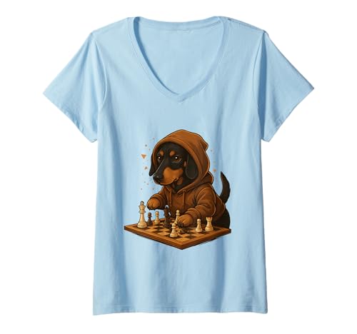 Damen Hund Schach Lustig Taktik Spiel Hundeliebhaber Shirt T-Shirt mit V-Ausschnitt von Hund Schach Strategie Humor Hundeliebhaber