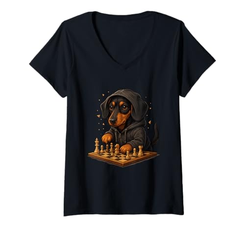 Damen Hund Schach Lustig Taktik Spiel Hundeliebhaber Shirt T-Shirt mit V-Ausschnitt von Hund Schach Strategie Humor Hundeliebhaber