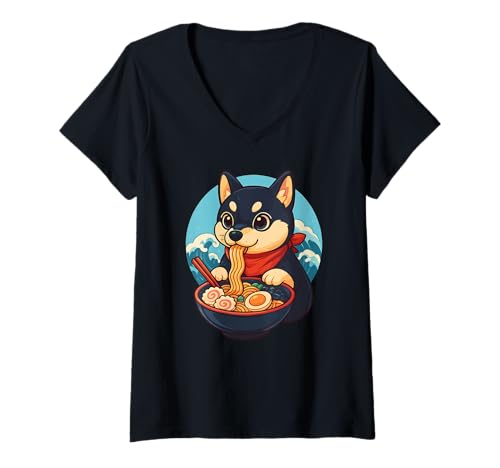 Damen Hund Shiba Inu isst Ramen Nudeln Japanisches Vintage T-Shirt mit V-Ausschnitt Damen Hund Shiba Inu isst Ramen Nudeln Japanisches Vintage T-Shirt mit V-Ausschnitt von Hund Shiba Inu Ramen Nudeln Retro Kawaii Shop