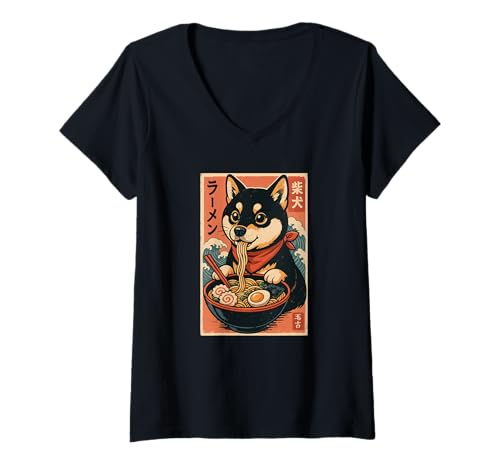 Damen Hund Shiba Inu isst Ramen Nudeln Japanisches Vintage T-Shirt mit V-Ausschnitt Damen Hund Shiba Inu isst Ramen Nudeln Japanisches Vintage T-Shirt mit V-Ausschnitt von Hund Shiba Inu Ramen Nudeln Retro Kawaii Shop
