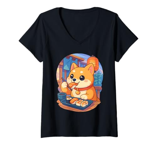 Damen Hund Shiba Inu isst Sushi Japanisches Vintage T-Shirt mit V-Ausschnitt Damen Hund Shiba Inu isst Sushi Japanisches Vintage T-Shirt mit V-Ausschnitt von Hund Shiba Inu Sushi Retro Kawaii Shop