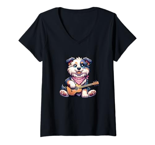 Damen Süßer Hundewelpe Gitarre Musik Bandana Cartoon T-Shirt mit V-Ausschnitt Damen Süßer Hundewelpe Gitarre Musik Bandana Cartoon T-Shirt mit V-Ausschnitt von Hund Welpe Gitarre Musik Bandana Cartoon Niedlich
