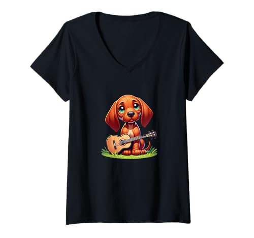 Damen Süßer Hundewelpe Mit Akustikgitarre Für Musikfans T-Shirt mit V-Ausschnitt Damen Süßer Hundewelpe Mit Akustikgitarre Für Musikfans T-Shirt mit V-Ausschnitt von Hund Welpe Gitarre Musik Hundeliebhaber Akustik
