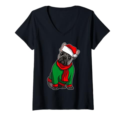 Damen Bulldogge Weihnachten Christmas Hunde Weihnachtsmütze Hund T-Shirt mit V-Ausschnitt Damen Bulldogge Weihnachten Christmas Hunde Weihnachtsmütze Hund T-Shirt mit V-Ausschnitt von Hund in Weihnachtskostüm Weihnachtsgeschenke