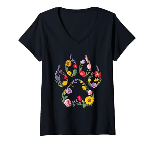 Damen Hundefreund Blumen Wildblume Pfote T-Shirt mit V-Ausschnitt Damen Hundefreund Blumen Wildblume Pfote T-Shirt mit V-Ausschnitt von Hunde Blumen Grafische Entwürfe