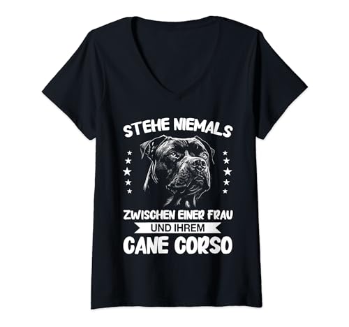Damen Hund Stehe niemals zwischen einer Frau und ihrem Cane Corso T-Shirt mit V-Ausschnitt Damen Hund Stehe niemals zwischen einer Frau und ihrem Cane Corso T-Shirt mit V-Ausschnitt von Hunde Cane Corso Italiano Hund