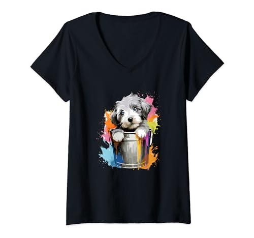 Damen Bobtail Hund Hunderasse Old English Sheepdog T-Shirt mit V-Ausschnitt Damen Bobtail Hund Hunderasse Old English Sheepdog T-Shirt mit V-Ausschnitt von Hunde Geschenk Bobtail Hunderasse