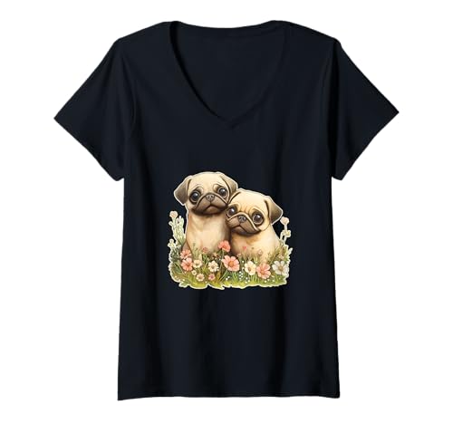 Damen Mopspaar Blüten Mopsliebhaber Süßer Mops T-Shirt mit V-Ausschnitt Damen Mopspaar Blüten Mopsliebhaber Süßer Mops T-Shirt mit V-Ausschnitt von Hunde Hundefreunde Hundehalter Mopsbesitzer