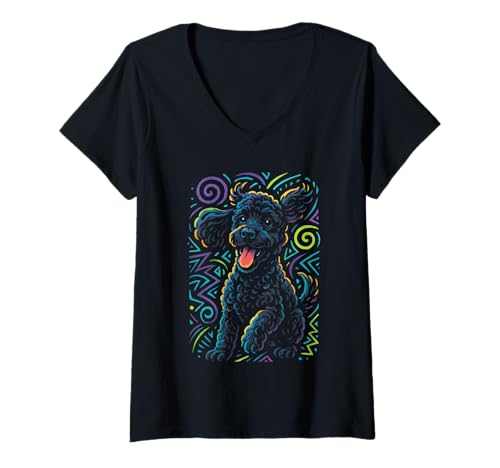 Damen Retro Pudel Hund Kunst Haustier Pudel T-Shirt mit V-Ausschnitt Damen Retro Pudel Hund Kunst Haustier Pudel T-Shirt mit V-Ausschnitt von Hunde Liebhaber Pudel Hund